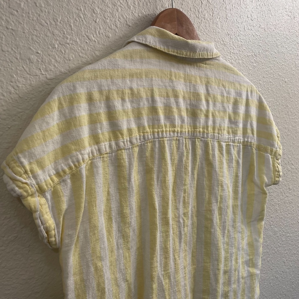 Yellow Stripe Button Front Linen Blend Top Rolled Sleeve Coastal Casual Resort M - Picture 3 of 11